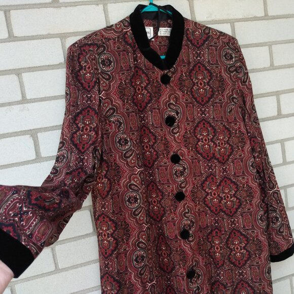 Vintage Burgundy Rayon Dress Size 16 Black Velvet Band Collar Cuffs Buttons Kari - Picture 3 of 11